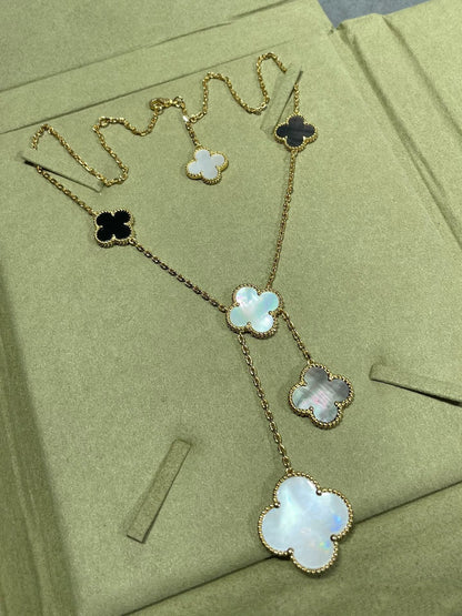 [Lumi Jewelry]CLOVER 6 MOTIF MOP ONYX GOLD NECKLACE
