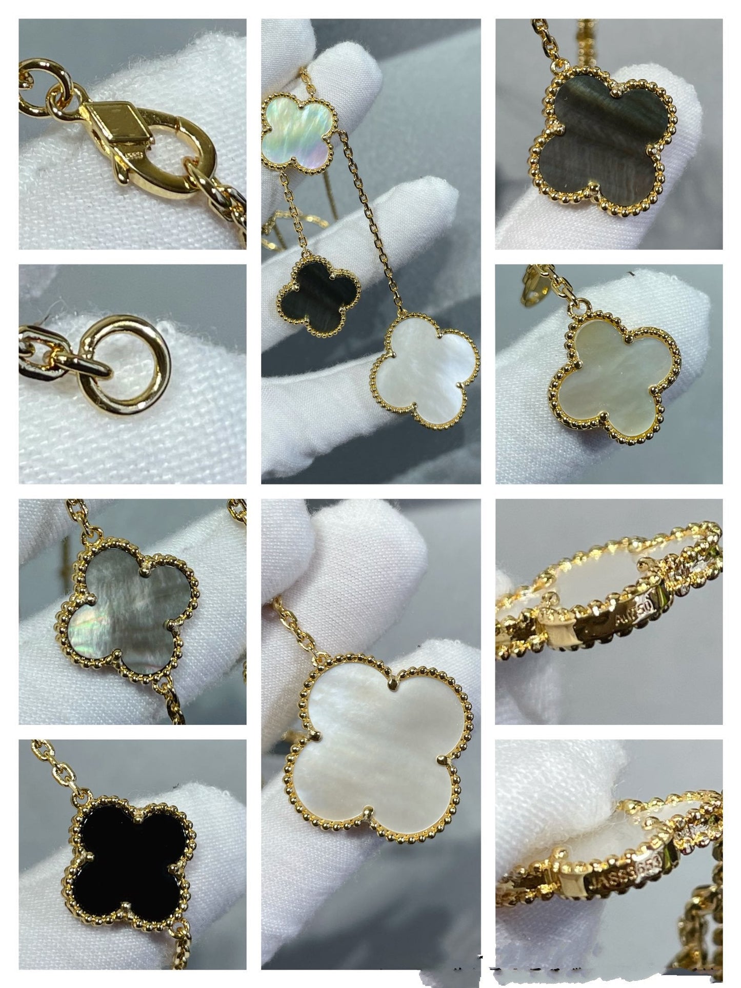 [Lumi Jewelry]CLOVER 6 MOTIF MOP ONYX GOLD NECKLACE