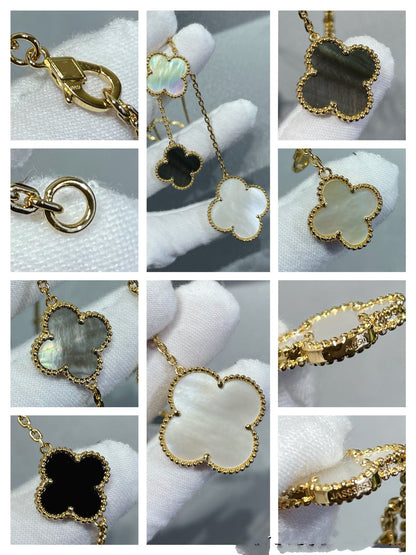 [Lumi Jewelry]CLOVER 6 MOTIF MOP ONYX GOLD NECKLACE