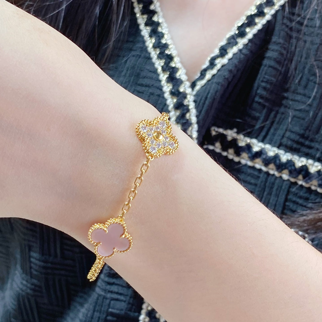 [Lumi Jewelry]CLOVER 5 MOTIF DIAMOND PINK MOP PINK GOLD BRACELET