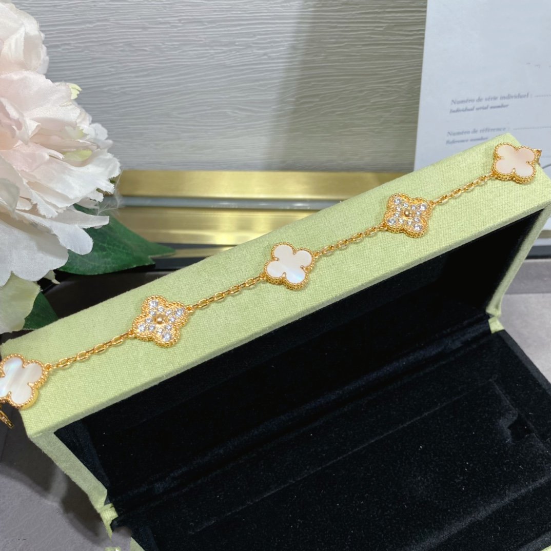 [Lumi Jewelry]CLOVER 5 MOTIF DIAMOND PINK MOP PINK GOLD BRACELET