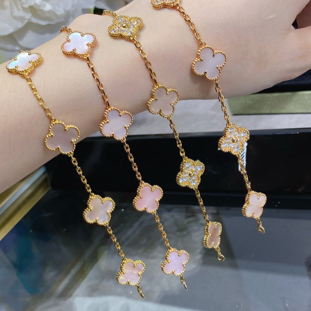 [Lumi Jewelry]CLOVER 5 MOTIF DIAMOND PINK MOP PINK GOLD BRACELET