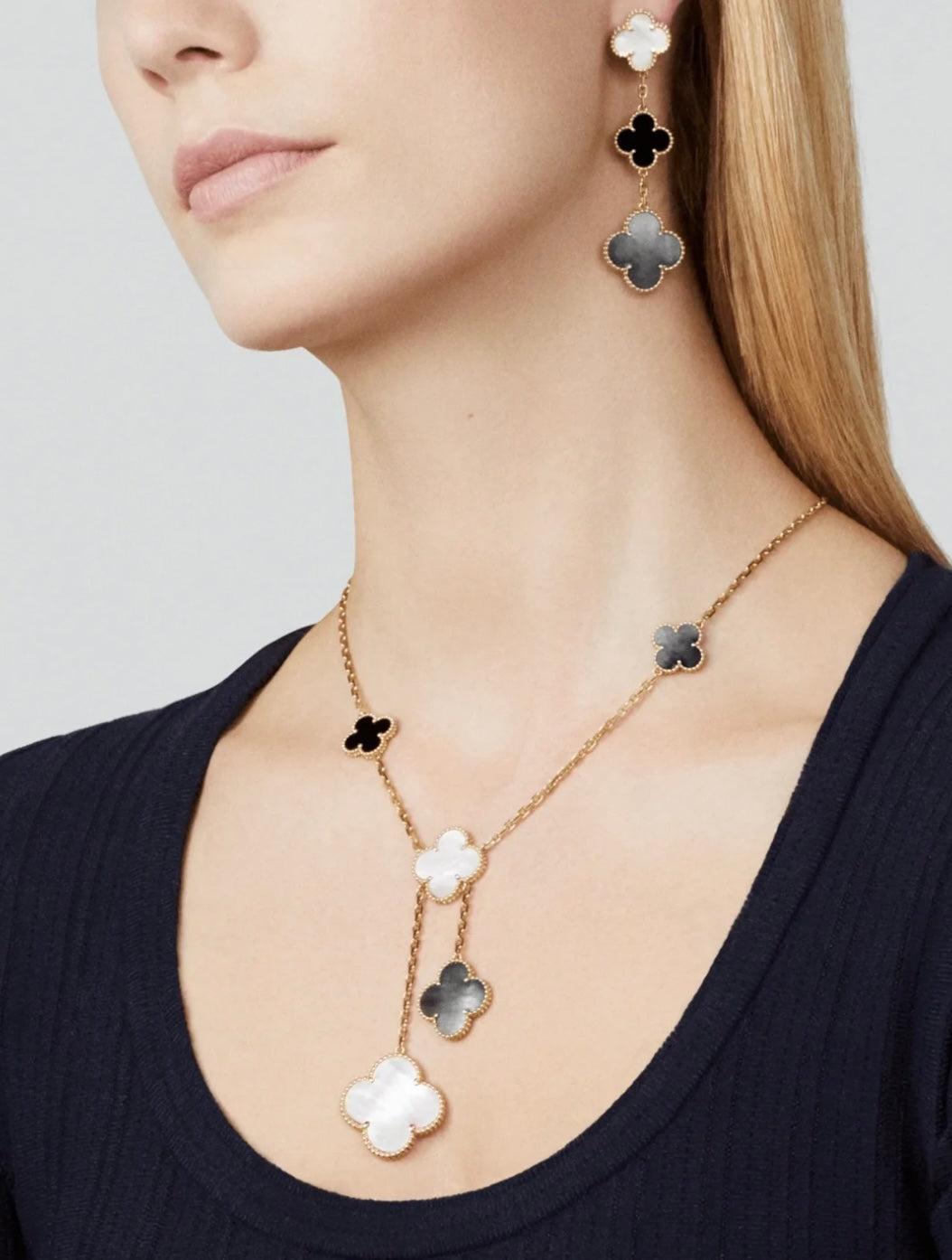 [Lumi Jewelry]CLOVER 3 MOTIF MOP ONYX DARK MOP PINK GOLD EARRINGS