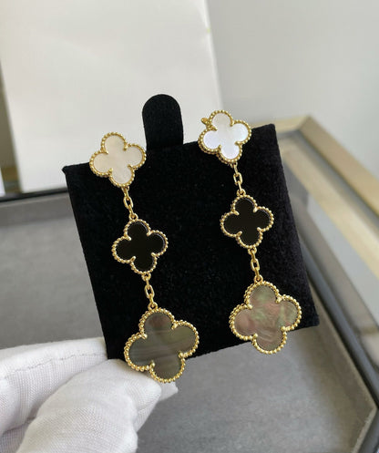 [Lumi Jewelry]CLOVER 3 MOTIF MOP ONYX DARK MOP PINK GOLD EARRINGS