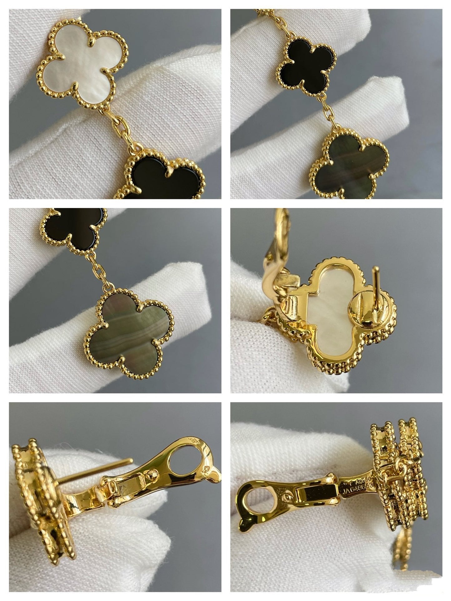 [Lumi Jewelry]CLOVER 3 MOTIF MOP ONYX DARK MOP PINK GOLD EARRINGS