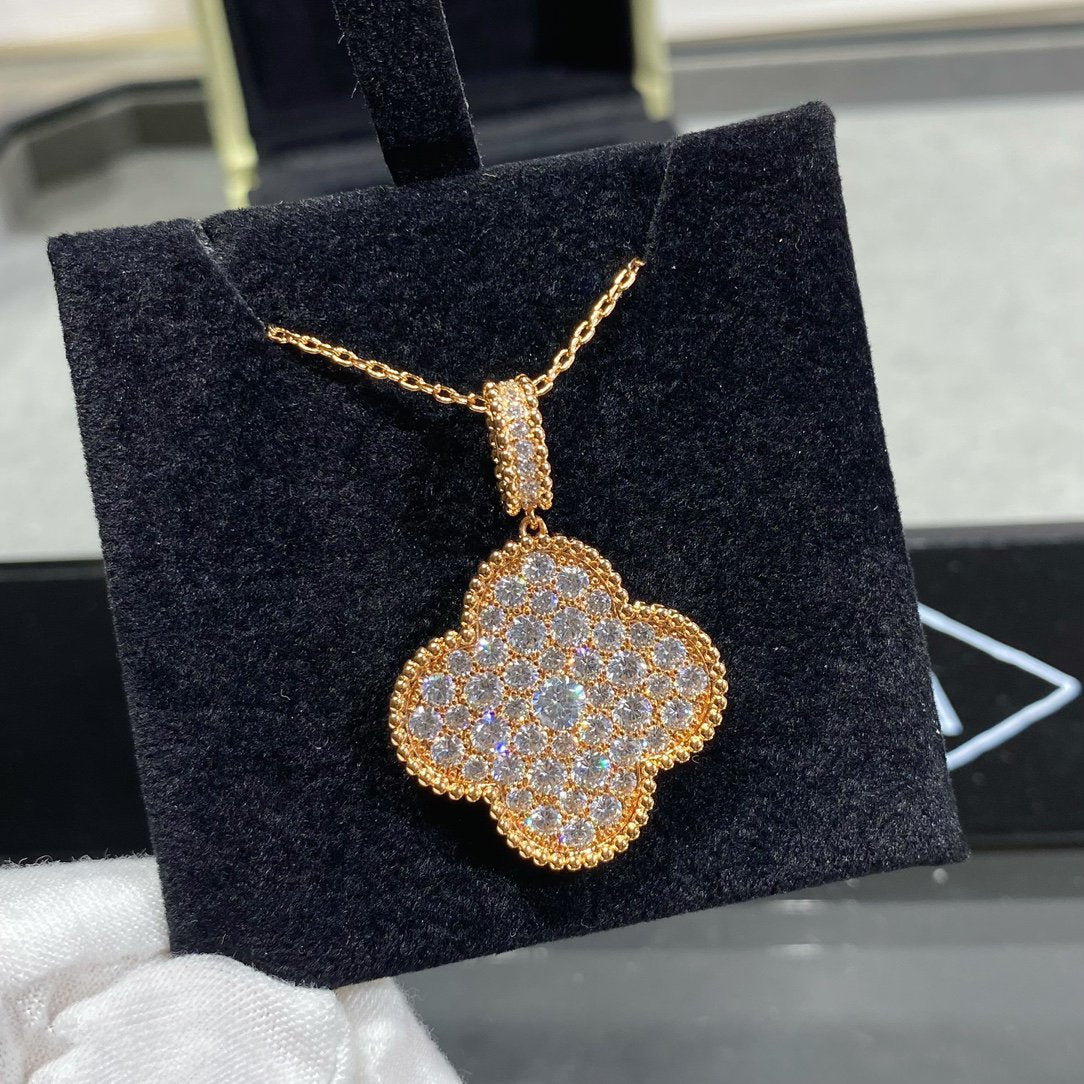[Lumi Jewelry]CLOVER 25MM LARGE PEDANT DIAMOND PAVED LONG NECKLACE