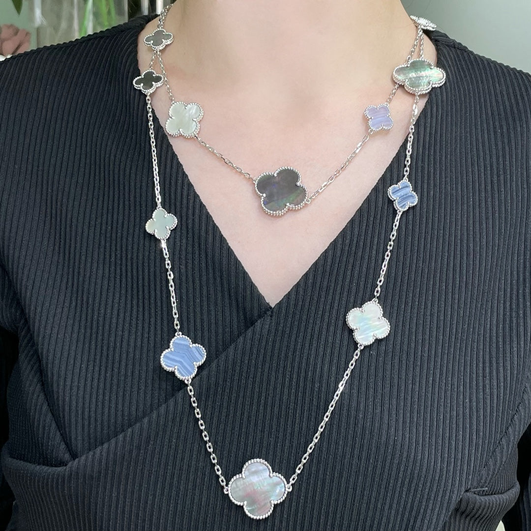 [Lumi Jewelry]CLOVER 16 MOTIF CHALCEDONY MOP SILVER NECKLACE
