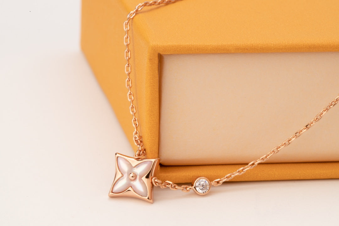 [Lumi Jewelry]STAR PINK MOP 1 DIAMOND PINK GOLD NECKLACE