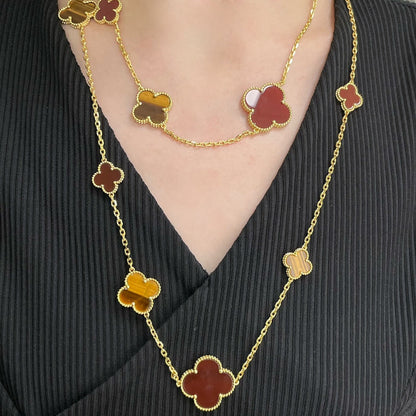[Lumi Jewelry]CLOVER 16 MOTIF CARNELIAN TIGER EYE ROSE GOLD NECKLACE