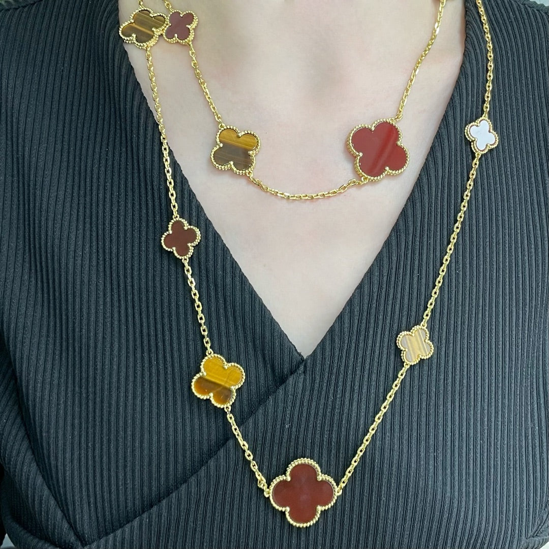 [Lumi Jewelry]CLOVER 16 MOTIF CARNELIAN TIGER EYE ROSE GOLD NECKLACE