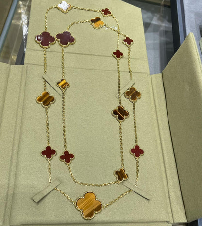 [Lumi Jewelry]CLOVER 16 MOTIF CARNELIAN TIGER EYE ROSE GOLD NECKLACE