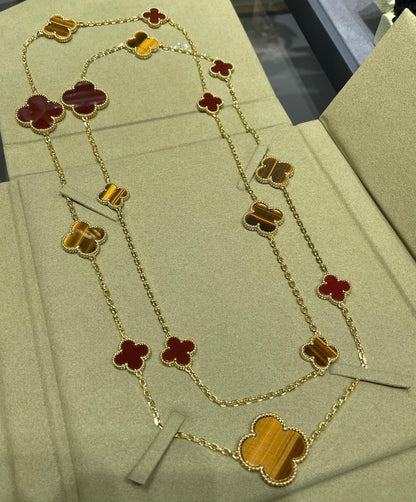 [Lumi Jewelry]CLOVER 16 MOTIF CARNELIAN TIGER EYE ROSE GOLD NECKLACE