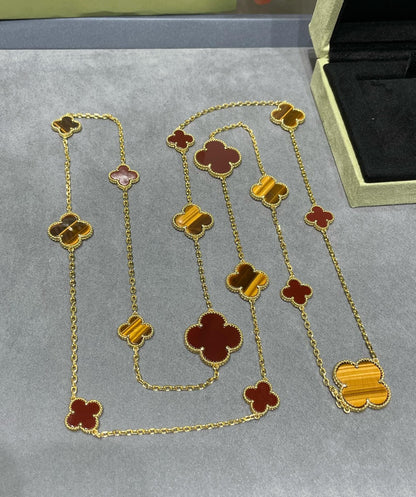 [Lumi Jewelry]CLOVER 16 MOTIF CARNELIAN TIGER EYE ROSE GOLD NECKLACE