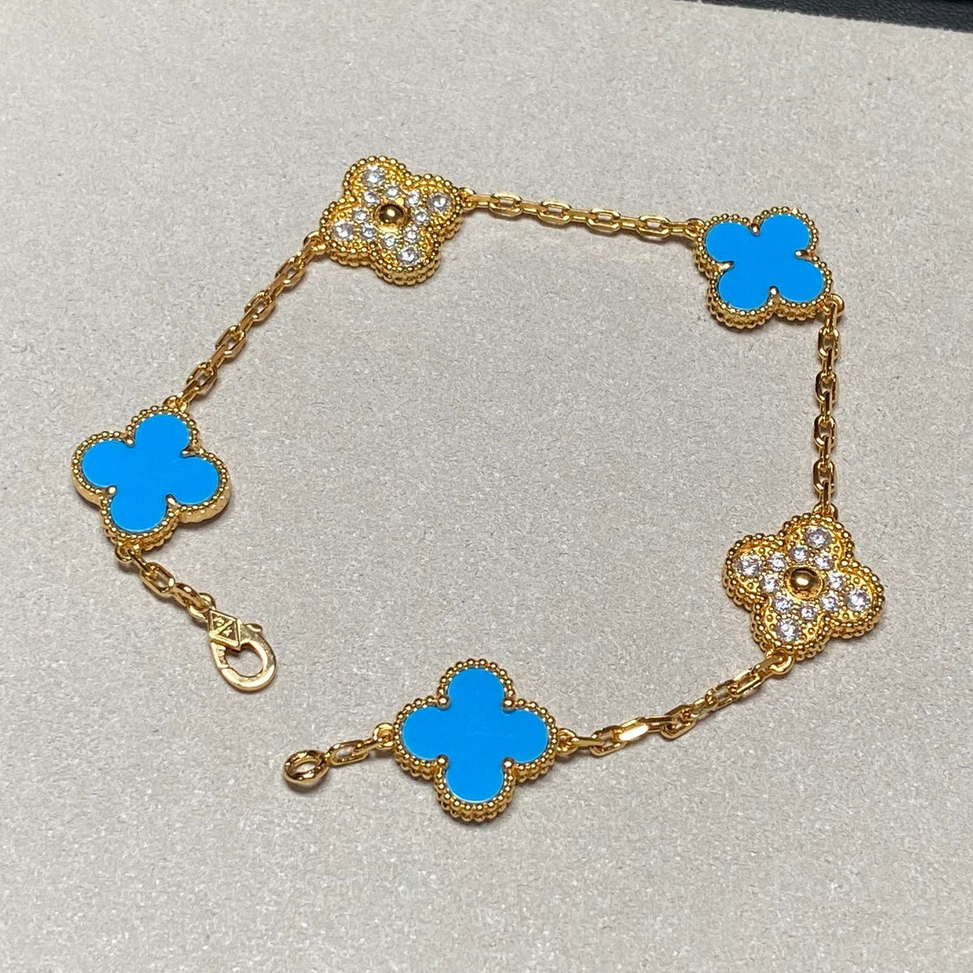 [Lumi Jewelry]CLOVER 5 MOTIF BLUE CHALCEDONY DIAMOND GOLD BRACELET