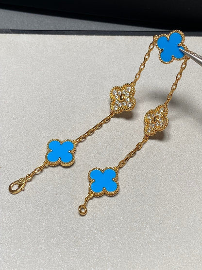 [Lumi Jewelry]CLOVER 5 MOTIF BLUE CHALCEDONY DIAMOND GOLD BRACELET