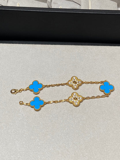 [Lumi Jewelry]CLOVER 5 MOTIF BLUE CHALCEDONY DIAMOND GOLD BRACELET