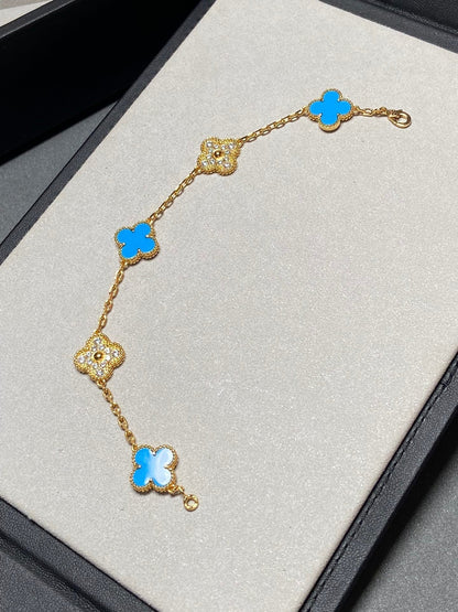 [Lumi Jewelry]CLOVER 5 MOTIF BLUE CHALCEDONY DIAMOND GOLD BRACELET