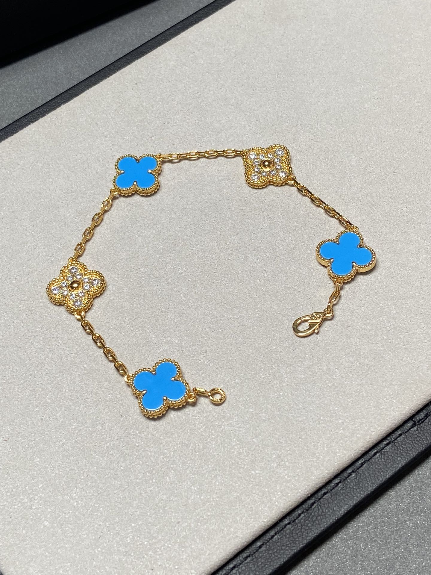 [Lumi Jewelry]CLOVER 5 MOTIF BLUE CHALCEDONY DIAMOND GOLD BRACELET