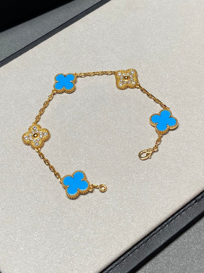 [Lumi Jewelry]CLOVER 5 MOTIF BLUE CHALCEDONY DIAMOND GOLD BRACELET
