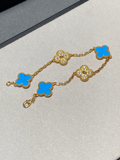 [Lumi Jewelry]CLOVER 5 MOTIF BLUE CHALCEDONY DIAMOND GOLD BRACELET