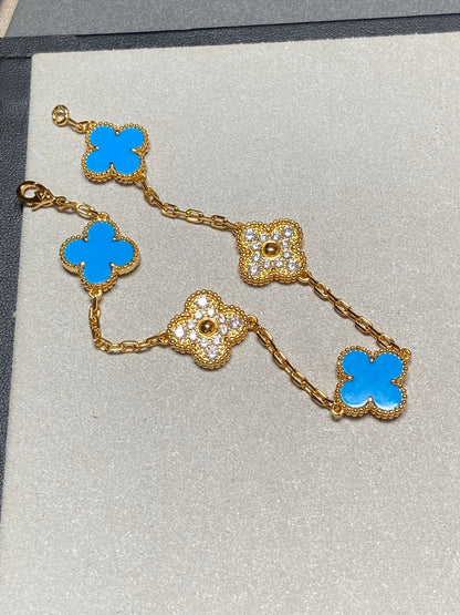 [Lumi Jewelry]CLOVER 5 MOTIF BLUE CHALCEDONY DIAMOND GOLD BRACELET