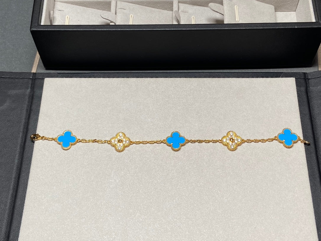 [Lumi Jewelry]CLOVER 5 MOTIF BLUE CHALCEDONY DIAMOND GOLD BRACELET