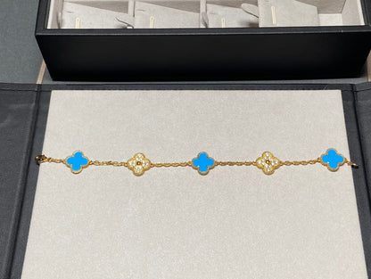 [Lumi Jewelry]CLOVER 5 MOTIF BLUE CHALCEDONY DIAMOND GOLD BRACELET
