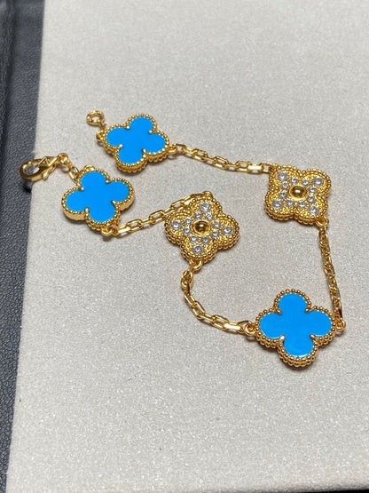 [Lumi Jewelry]CLOVER 5 MOTIF BLUE CHALCEDONY DIAMOND GOLD BRACELET