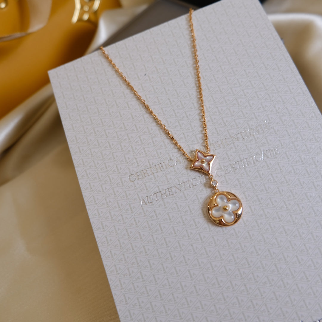 [Lumi Jewelry]STAR AND SUN WHITE MOP 2 MOTIF PINK GOLD NECKLACE