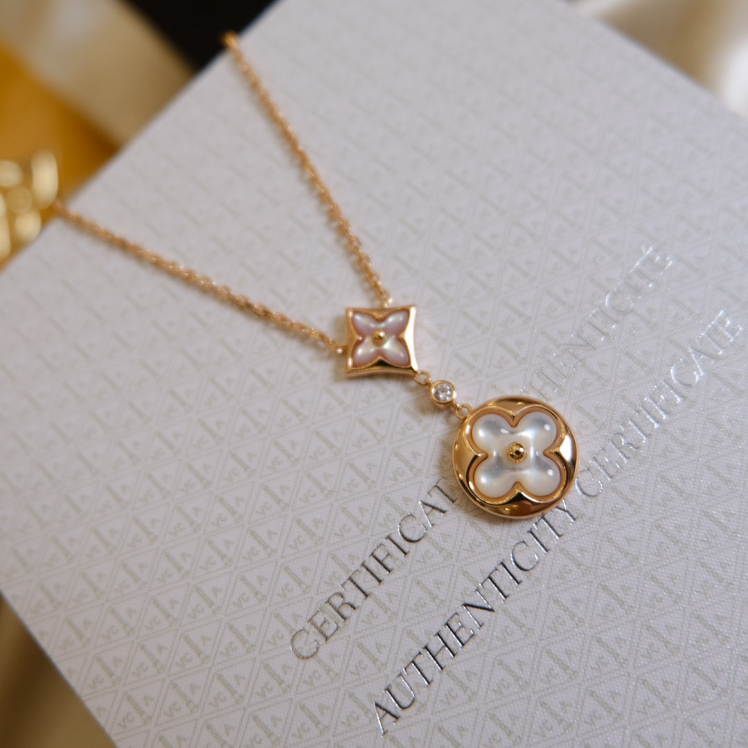 [Lumi Jewelry]STAR AND SUN WHITE MOP 2 MOTIF PINK GOLD NECKLACE