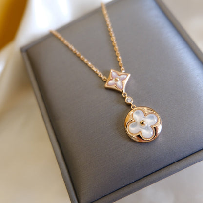 [Lumi Jewelry]STAR AND SUN WHITE MOP 2 MOTIF PINK GOLD NECKLACE