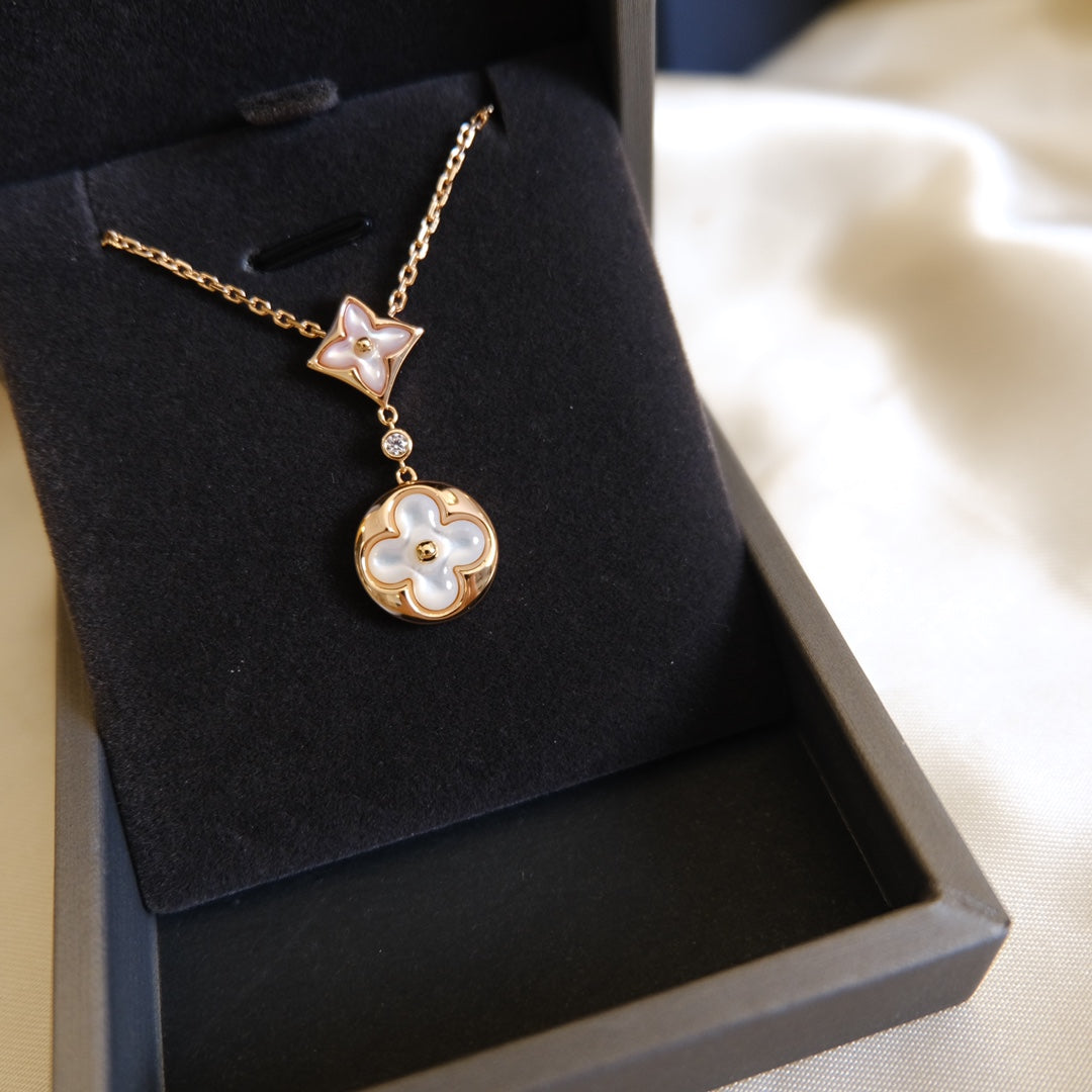 [Lumi Jewelry]STAR AND SUN WHITE MOP 2 MOTIF PINK GOLD NECKLACE