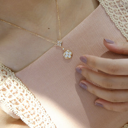 [Lumi Jewelry]STAR AND SUN WHITE MOP 2 MOTIF PINK GOLD NECKLACE