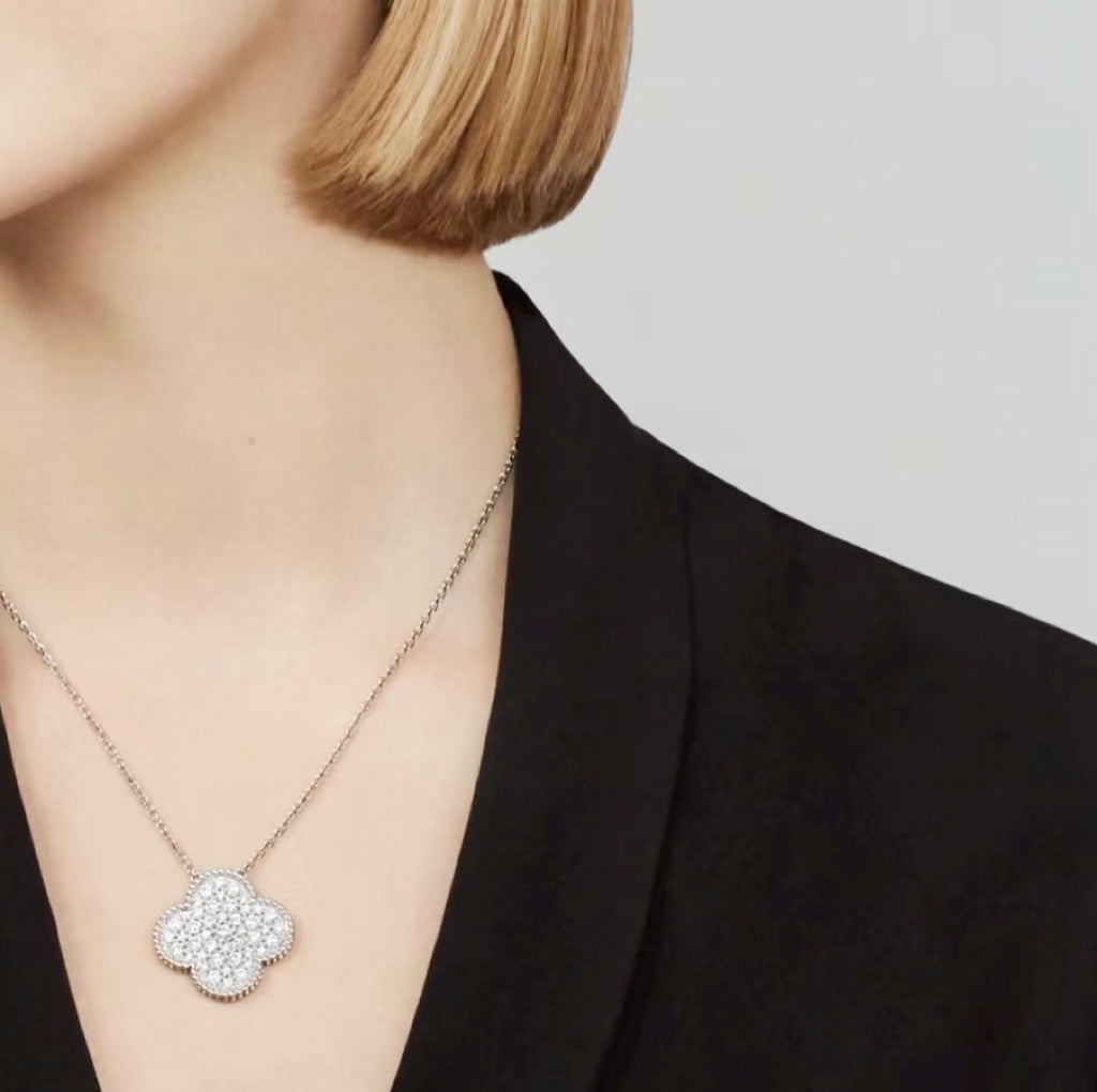 [Lumi Jewelry]CLOVER 25MM LARGE PENDANT DIAMOND PAVED SILVER NECKLACE