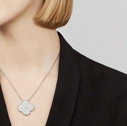 [Lumi Jewelry]CLOVER 25MM LARGE PENDANT DIAMOND PAVED SILVER NECKLACE