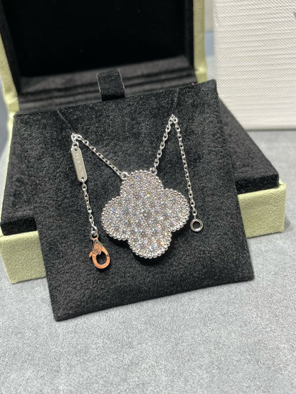 [Lumi Jewelry]CLOVER 25MM LARGE PENDANT DIAMOND PAVED SILVER NECKLACE