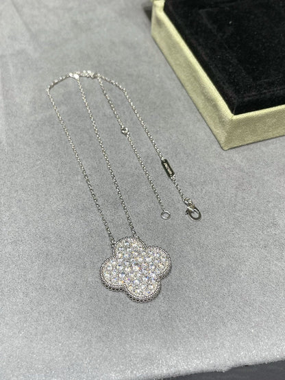 [Lumi Jewelry]CLOVER 25MM LARGE PENDANT DIAMOND PAVED SILVER NECKLACE