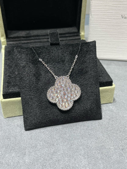 [Lumi Jewelry]CLOVER 25MM LARGE PENDANT DIAMOND PAVED SILVER NECKLACE