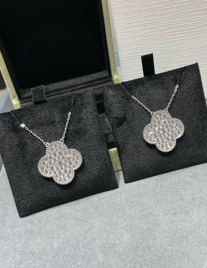[Lumi Jewelry]CLOVER 25MM LARGE PENDANT DIAMOND PAVED SILVER NECKLACE