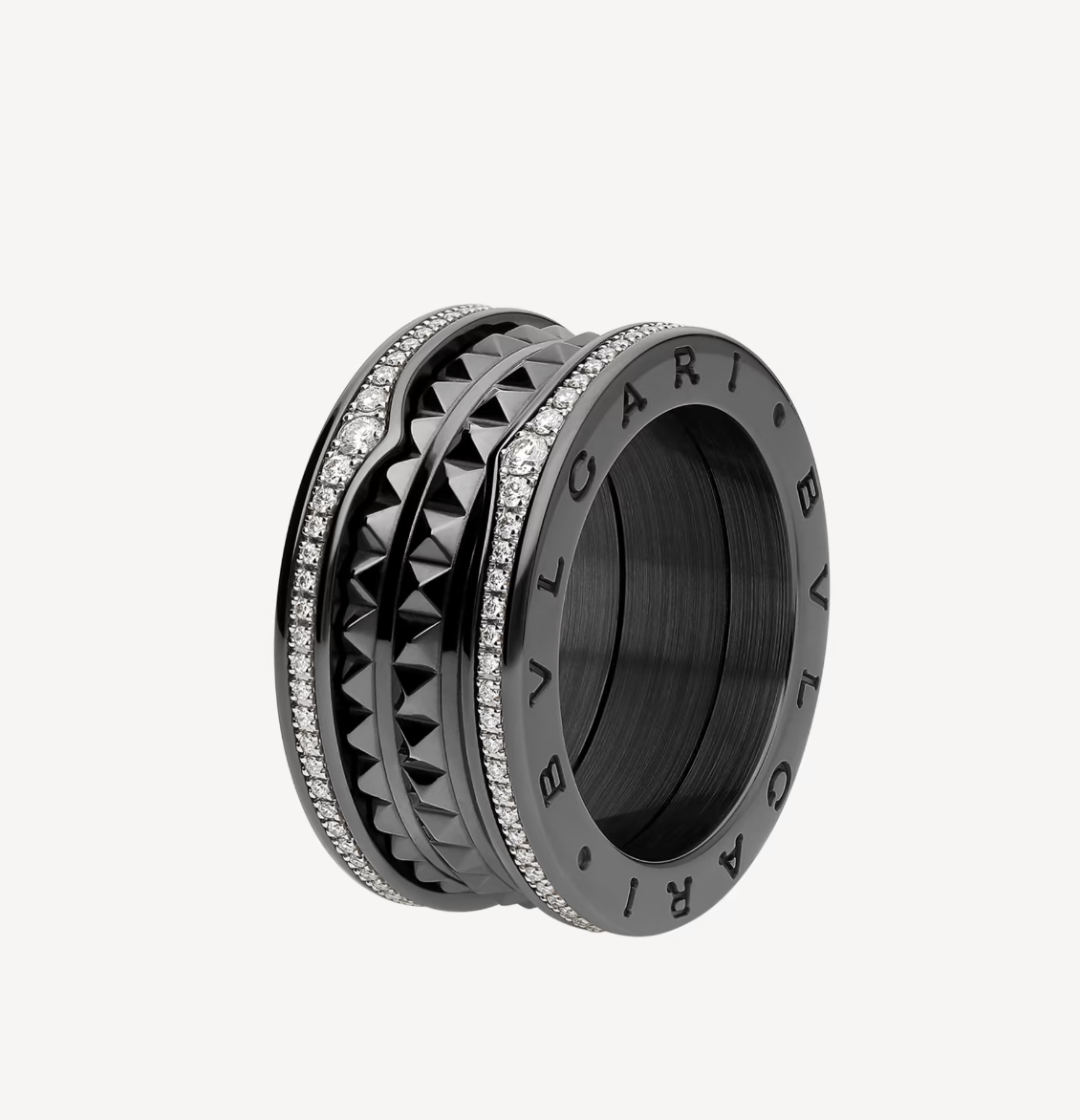 [Lumi Jewelry]ZERO 1 ROCK FOUR-BAND BLACK CERAMIC WITH STUDDED SPIRAL AND PAVED DIAMONDS RING