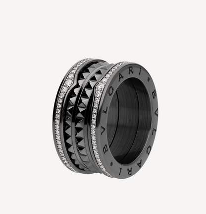 [Lumi Jewelry]ZERO 1 ROCK FOUR-BAND BLACK CERAMIC WITH STUDDED SPIRAL AND PAVED DIAMONDS RING