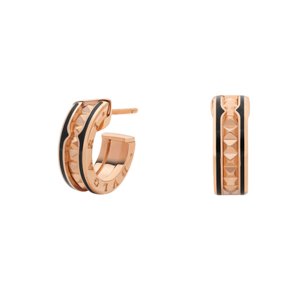 [Lumi Jewelry]ZERO 1 ROCK PINK GOLD EARRINGS WITH STUDDED SPIRAL AND BLACK CERAMIC