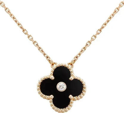[Lumi Jewelry]CLOVER 15MM DIAMOND ONYX NECKLACE