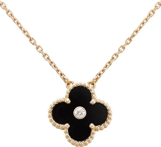 [Lumi Jewelry]CLOVER 15MM DIAMOND ONYX NECKLACE