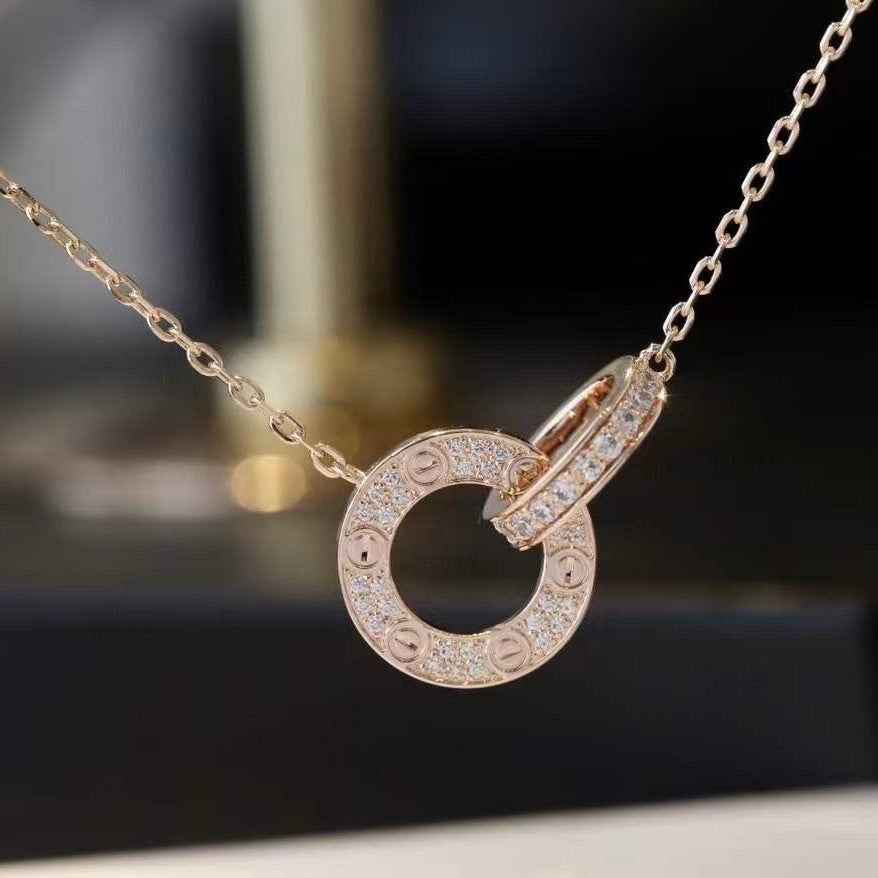[Lumi Jewelry]LOVE 7.6MM NECKLACE ROSE GOLD AND SILVER  FULL DIAMOND