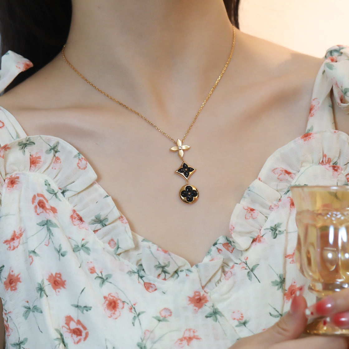 [Lumi Jewelry]STAR AND SUN ONYX PINK GOLD NECKLACE