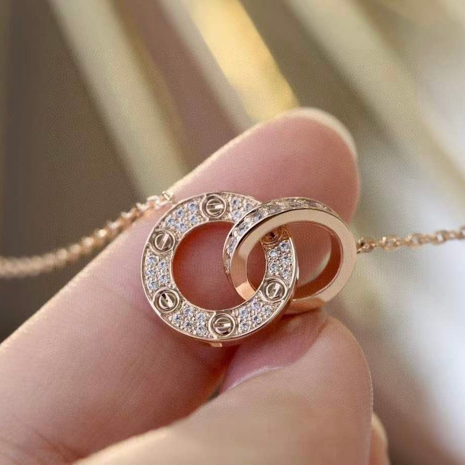 [Lumi Jewelry]LOVE 7.6MM NECKLACE ROSE GOLD AND SILVER  FULL DIAMOND