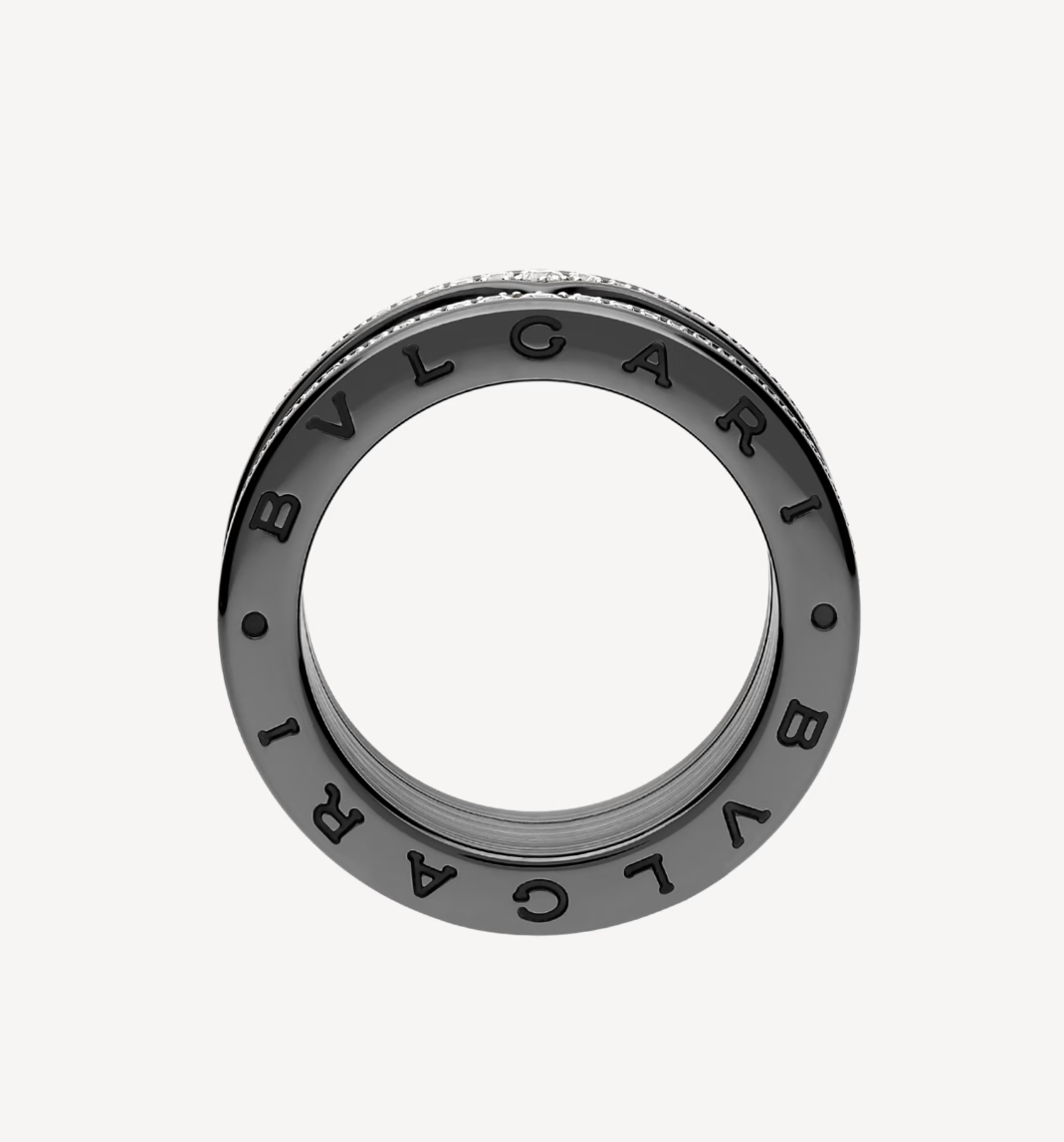 [Lumi Jewelry]ZERO 1 ROCK FOUR-BAND BLACK CERAMIC WITH STUDDED SPIRAL AND PAVED DIAMONDS RING