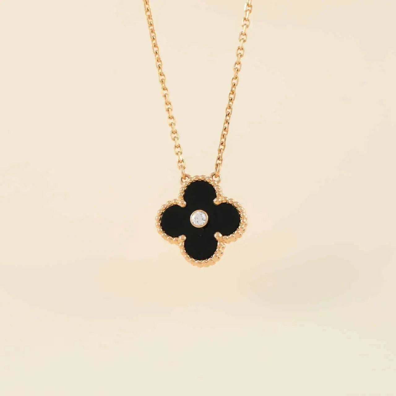 [Lumi Jewelry]CLOVER 15MM DIAMOND ONYX NECKLACE