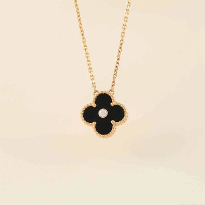 [Lumi Jewelry]CLOVER 15MM DIAMOND ONYX NECKLACE
